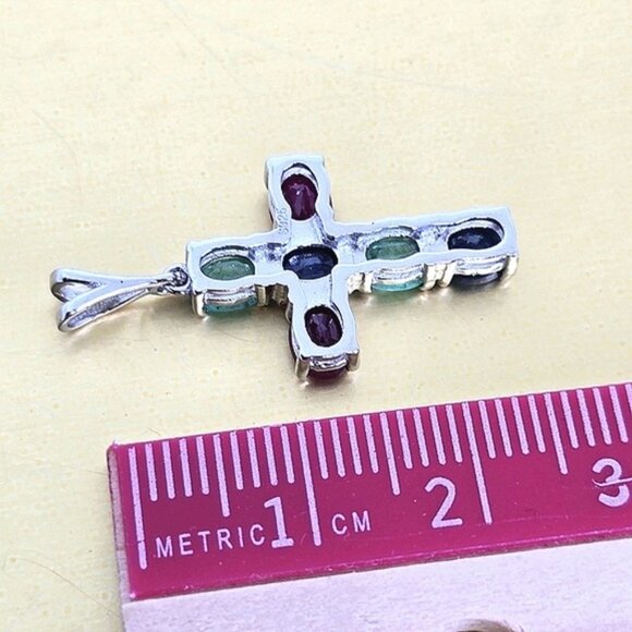 925 Sterling Silver Cross Pendant 1.5x2cm with Natural Sapphire, Emerald, Ruby - Picture 5 of 6